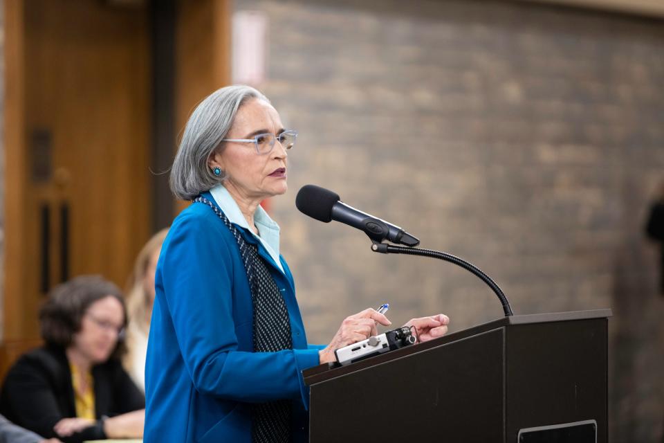 Pueblo Innovative Energy Solutions Advisory Committee chair Frances Koncilja speaks at a town hall meeting regarding the future of nuclear energy in Pueblo on Thursday, February 29, 2024.