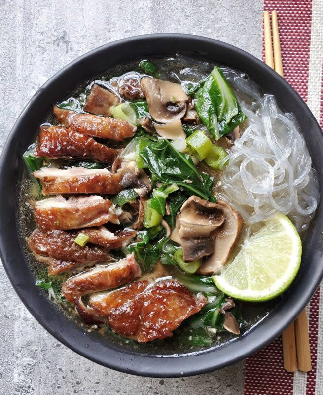 <p>Canadian Cooking Adventures</p><p>This Vietnamese duck soup also known as 'Duck Pho Soup' will warm you up on a cold day.</p><p><strong>Get the recipe: <a href="https://canadiancookingadventures.com/recipe/vietnamese-duck-soup-recipe/" rel="nofollow noopener" target="_blank" data-ylk="slk:Vietnamese Duck Soup;elm:context_link;itc:0;sec:content-canvas" class="link rapid-noclick-resp">Vietnamese Duck Soup</a></strong></p>