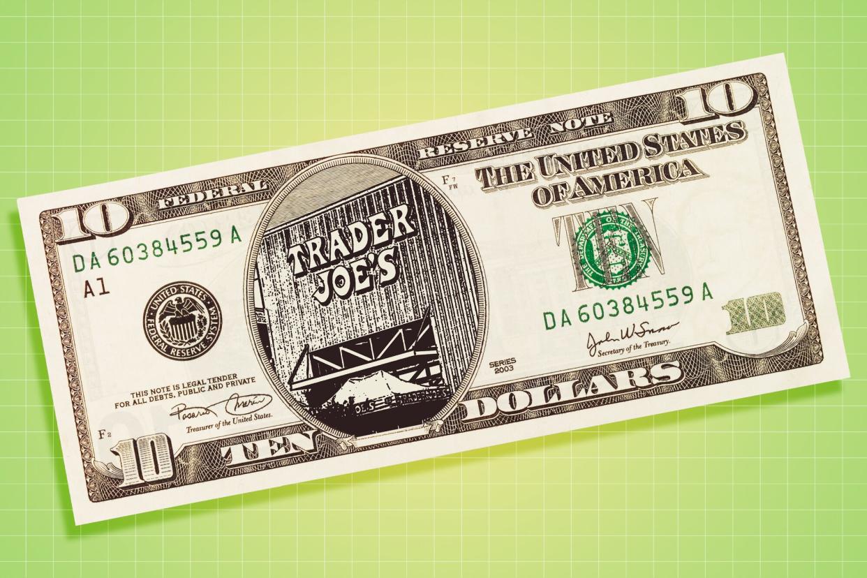 a ten dollar bill with a trader joe's storefront in the center