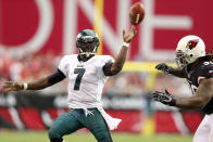 GLENDALE, AZ - SEPTEMBER 23: Quarterback Michael Vick #7 of the Philadelphia Eagles throws a pass during the NFL game against the Arizona Cardinals at the University of Phoenix Stadium on September 23, 2012 in Glendale, Arizona. The Carindals defeated the Eagles 27-6. (Photo by Christian Petersen/Getty Images)