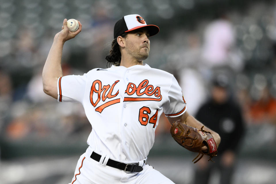 Baltimore Orioles starting pitcher Dean Kremer throws during the fourth inning of the team's baseball game against the Tampa Bay Rays, Wednesday, May 10, 2023, in Baltimore. (AP Photo/Nick Wass)