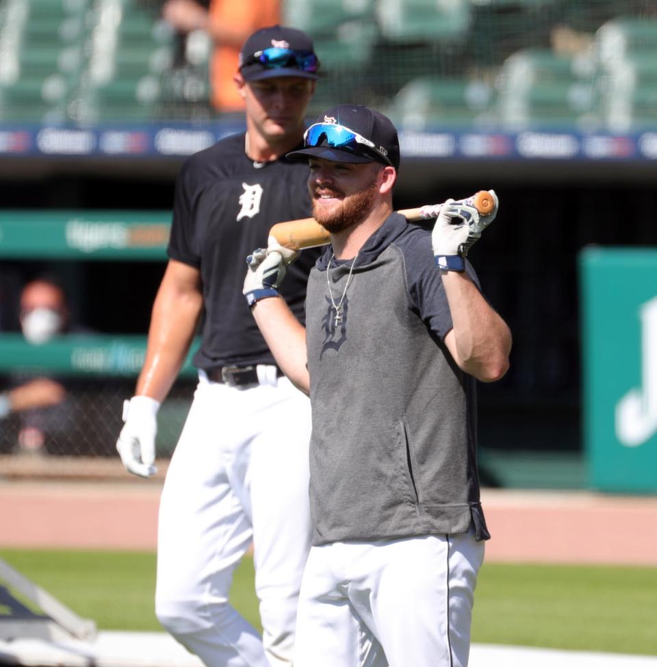 The Detroit Tigers held workouts at Comerica Park Friday, July 3, 2020. Catcher Jake Rogers waits to take batting practice as the team prepares for the shortened 2020 season.