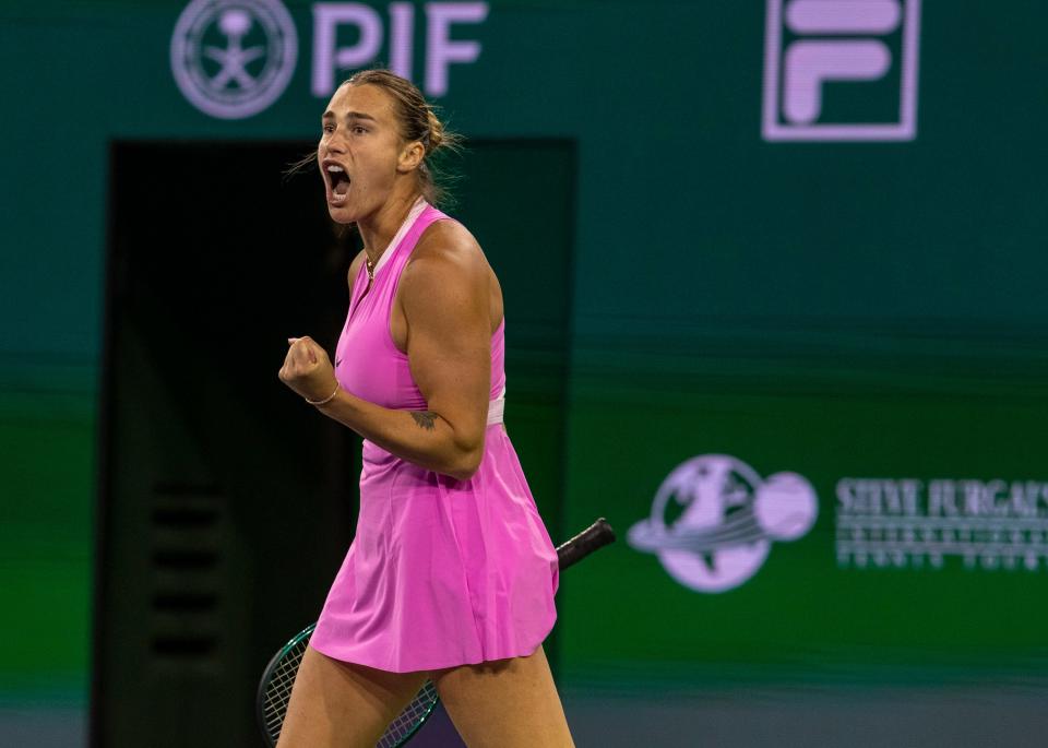 Aryna Sabalenka celebrates a point against Peyton Stearns during round two of the BNP Paribas Open in Indian Wells, Calif., Saturday, March 9, 2024.
