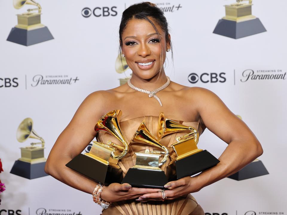 Victoria Monét, winner of the the "Best New Artist" award, the "Best R&B Album" award for "Jaguar II", and the "Best Engineered Album, Non-Classical" award for "Jaguar II", poses in the press room during the 66th GRAMMY Awards at Crypto.com Arena on February 04, 2024 in Los Angeles, California.