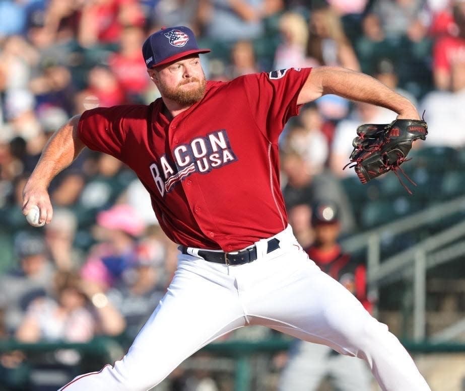 Aaron Barrett pitches during his final professional game against the Rochester Red Wings.