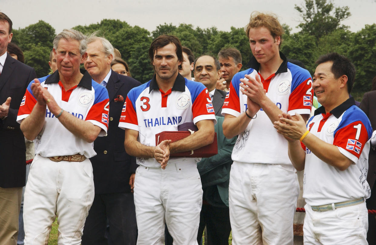 Prince Charles, Argentinian polo player Adolfo Cambiaso, Prince William and Vichai at the Chakravarty Cup Polo match in 2005 (Getty)