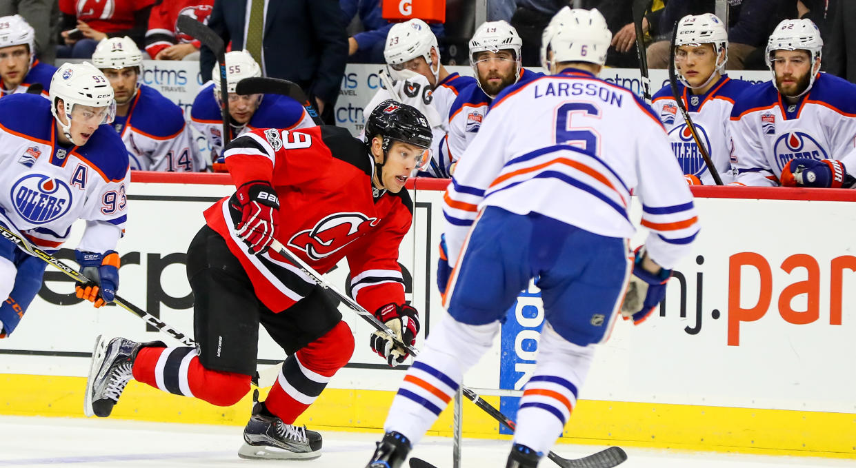 Adam Larsson and Taylor Hall were part of one of the bigger trades of the decade.  (Photo by Rich Graessle/Icon Sportswire via Getty Images)