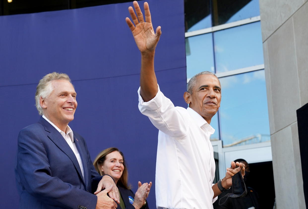 Former President Barack Obama leaves after speaking at a campaign rally for Virginia Democratic gubernatorial candidate Terry McAuliffe in Richmond, Virginia, on Saturday. 