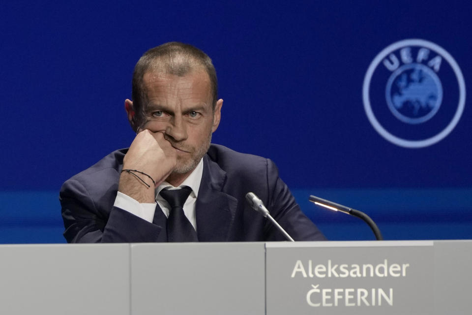 FILE - President of UEFA Aleksander Ceferin listens to questions during a news conference, after being reelected, at the end of the 47th ordinary UEFA congress in Lisbon, Wednesday, April 5, 2023. The European Union’s top court has ruled UEFA and FIFA acted contrary to competition law by blocking plans for the breakaway Super League. The case was heard last year at the Court of Justice after Super League failed at launch in April 2021. UEFA President Aleksander Ceferin called the club leaders “snakes” and “liars.” (AP Photo/Armando Franca, File)