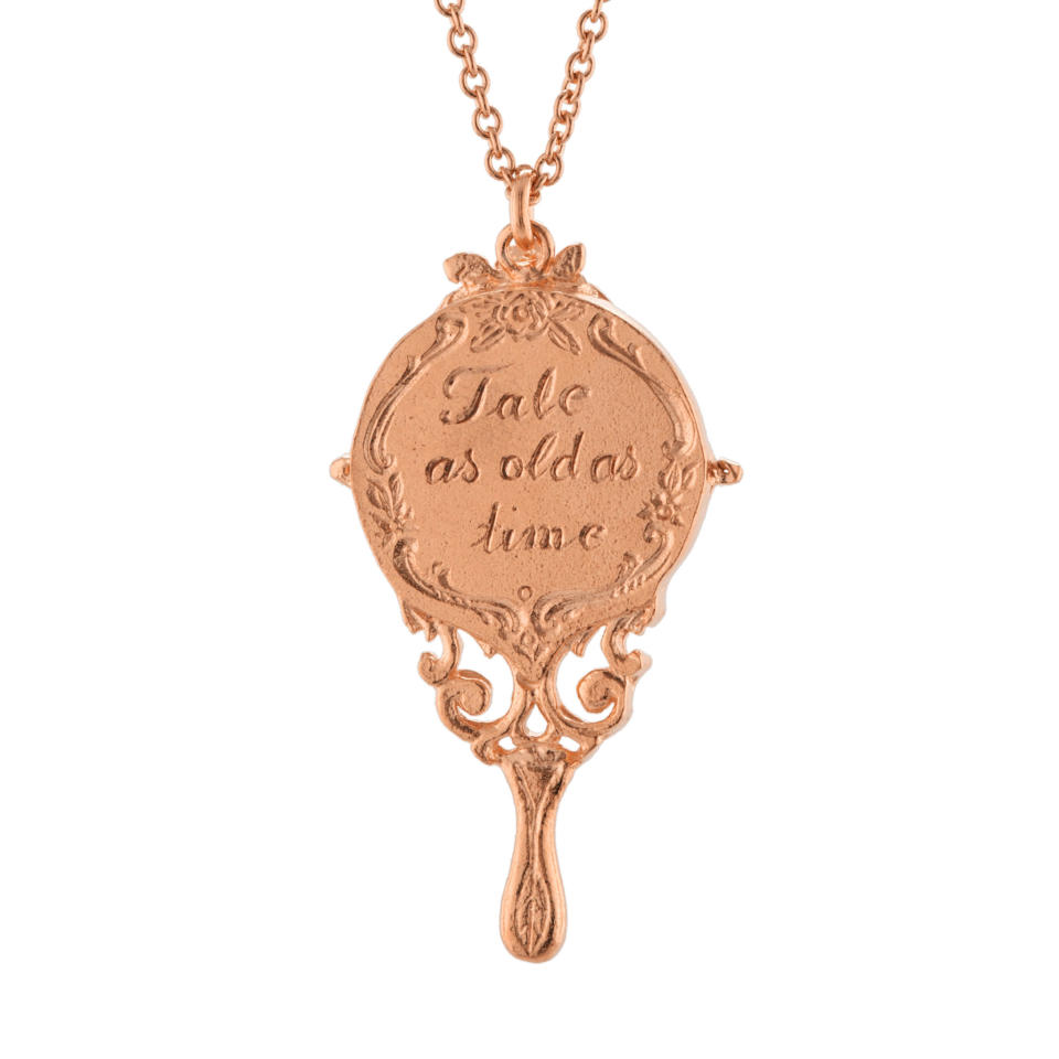 <p>Baroque Hand Mirror Necklace Engraved with "Tale as Old as Time", rose gold-plated with silver detail, £180</p>