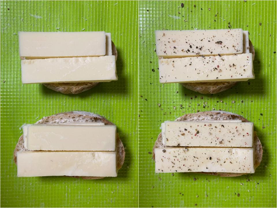 Side by side photos of the blocks of cheese on the bread with peppercorn ground on top.