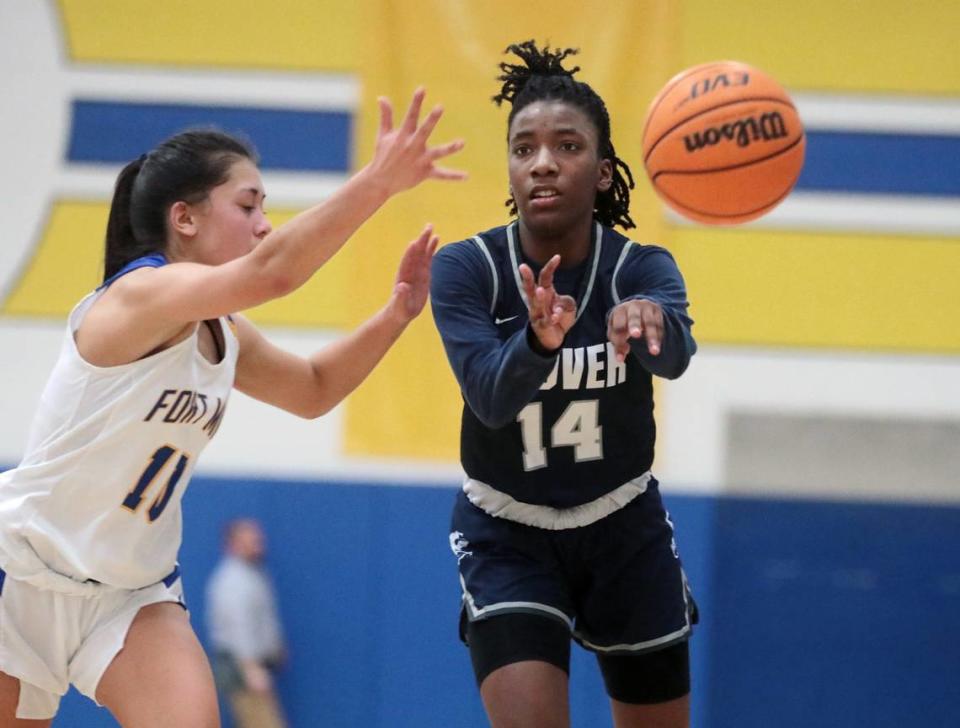 Clover’s Tykeria Witherspoon passes the ball around Fort Mill’s Reagan Reyes.