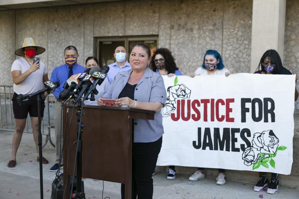 Denise Garcia, mother of James Garcia, speaks at a news conference to demand then-Phoenix police Chief Jeri Williams release the body-worn camera footage from the July 4 killing of James Garcia, full 911 calls and missing facts in Phoenix on July 8, 2020.