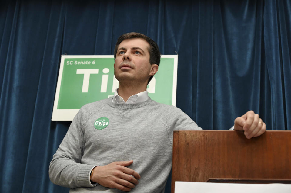 South Bend Mayor Pete Buttigieg speaks to a crowd about his Presidential run during the Democratic monthly breakfast held at the Circle of Friends Community Center in Greenville, S.C. Saturday, March 23, 2019. (AP Photo/Richard Shiro)