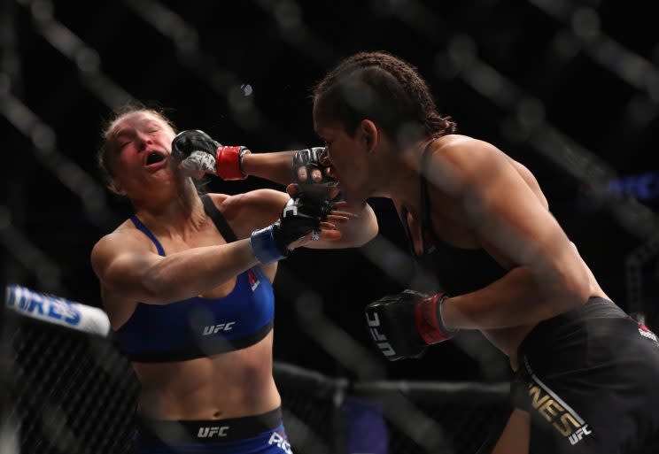 Amanda Nunes finished off Ronda Rousey in just 48 seconds on Friday. (Getty)