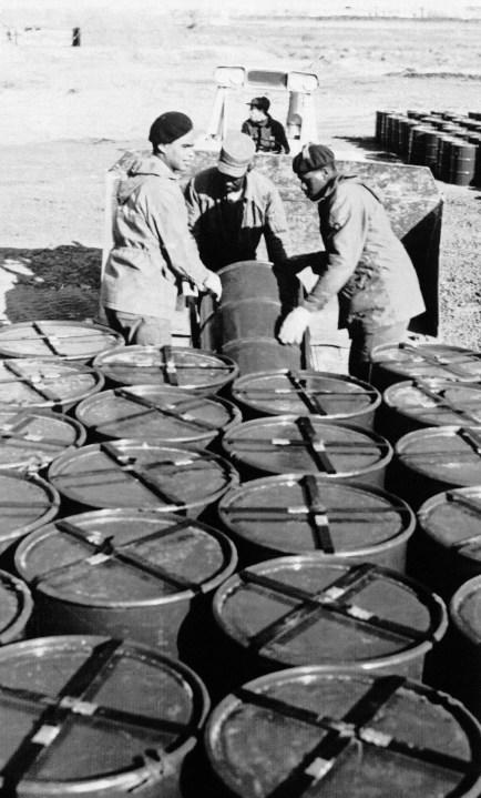 Barrels of contaminated earth collected from the nearby area in Palomares, Spain on March 18, 1966, where a U.S. B52 plane crashed on January 17 with H-Bombs aboard. The earth will be shipped to the U.S., atomic energy commissions burial ground near Aiken, S.C., for disposition. (AP Photo)