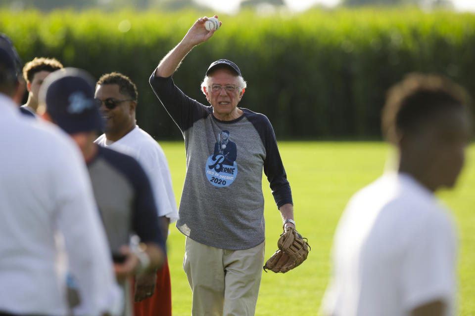 DYERSVILLE, IA - AUGUST 19: Democratic presidential candidate Sen. Bernie Sanders (I-VT) warms up before his baseball game against the Leaders Believers Achievers Foundation at the Field of Dreams Baseball field on August 19, 2019 in Dyersville, Iowa. Sanders is one of over 20 candidates running for president on the Democratic ticket against Republican President Donald Trump. (Photo by Joshua Lott/Getty Images)
