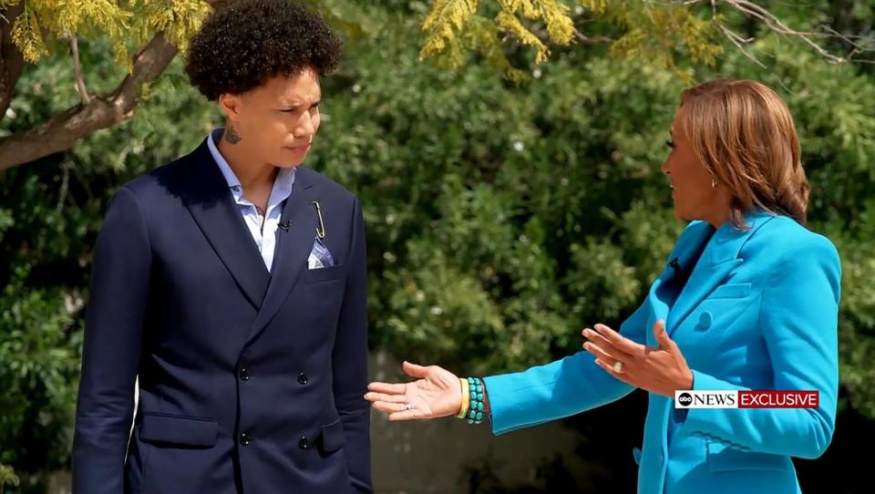 PHOTO: Brittney Griner speaks with Robin Roberts during an interview with ABC News. (ABC News)