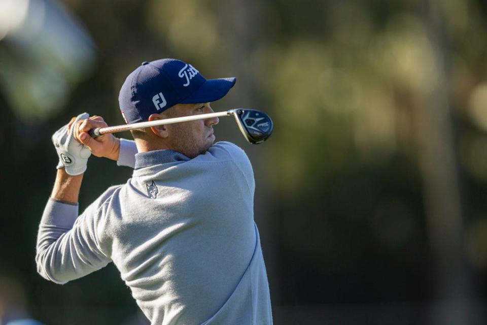 Justin Thomas hits his second shot at the sixth hole of the Players Stadium Course during the 2022 Players Championship.