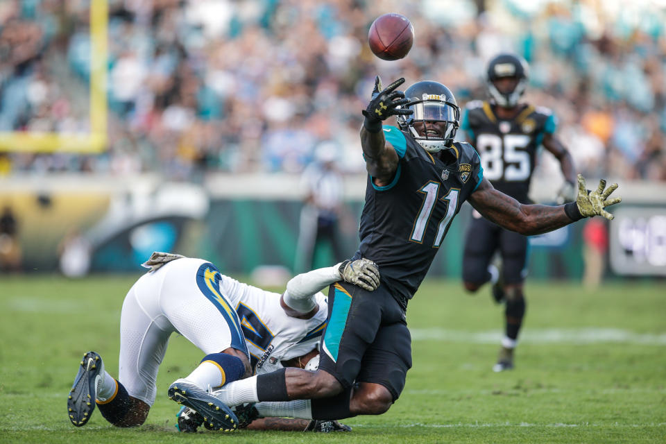 <p>Jacksonville Jaguars wide receiver Marqise Lee (11) nearly makes a catch near the goal line in overtime as Los Angeles Chargers cornerback Michael Davis (43) defends during the game between the Los Angeles Chargers and the Jacksonville Jaguars on November 12, 2017 at EverBank Field in Jacksonville, Fl. (Photo by David Rosenblum/Icon Sportswire via Getty Images) </p>