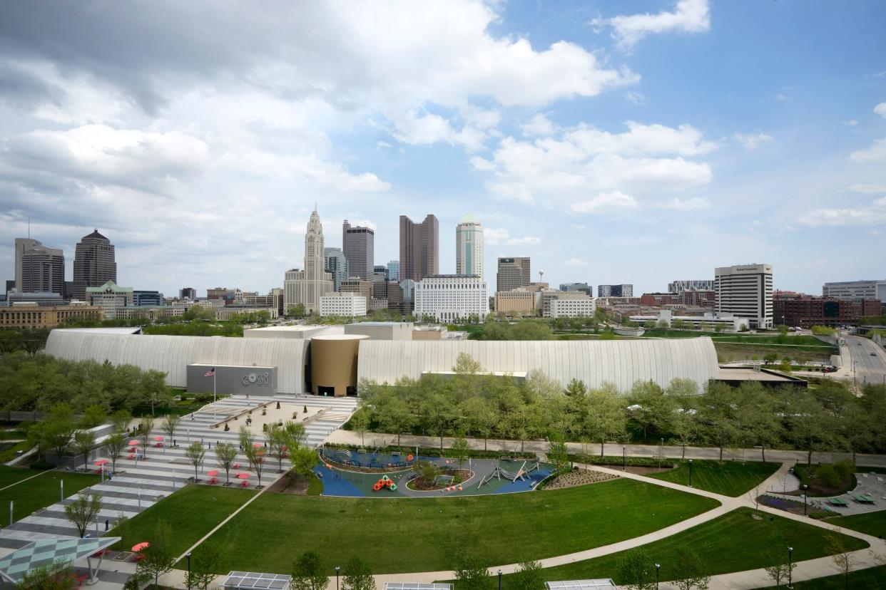 April 21, 2023; Columbus, Ohio, USA;  One at the Peninsula, a new two-building apartment complex in Franklinton, will offer clear views of COSI on the west bank of the Scioto River and the skyline of downtown Columbus on the east. Mandatory Credit: Barbara J. Perenic/Columbus Dispatch