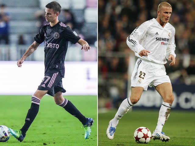 <p>Mark Brown/Getty ; Richard Heathcote/Getty</p> Romeo Beckham #37 of Inter Miami CF II playing in January 2022 in Fort Lauderdale, Florida. ; David Beckham of Real Madrid in action in November 2004 in Madrid, Spain.