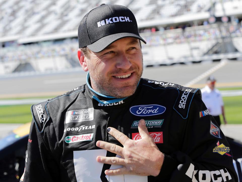 Ryan Newman stands on pit road after his run during NASCAR auto race qualifying at Daytona International Speedway, Sunday, February 9, 2020.