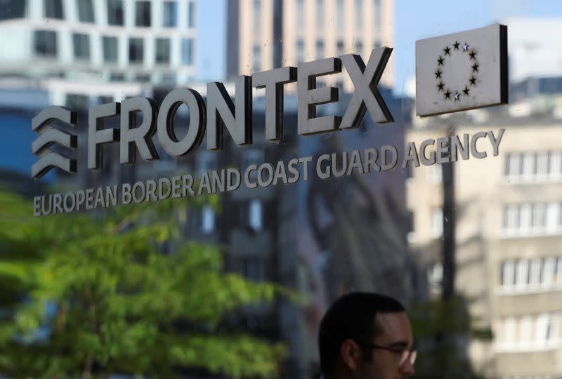 Logo of EU border agency Frontex is seen at the agency's headquarters in Warsaw