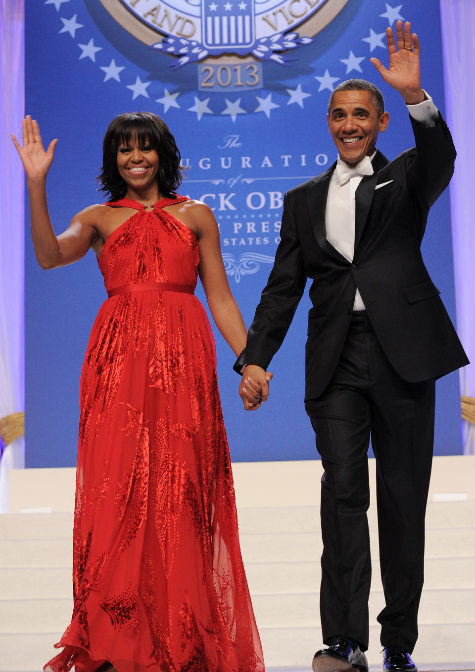 The couple attends one of 2013's inaugural balls. As she had four years earlier, the first lady wore a dress designed by Jason Wu that drew plaudits from the fashion world.