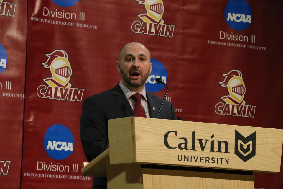 Calvin football coach Trent Figg speaks at his introductory press conference on Wednesday.