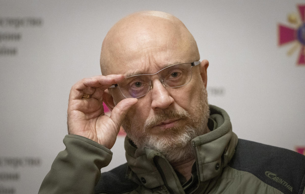 Ukrainian Minister of Defense Oleksii Reznikov answers media questions during a joint press conference with French Defense Minister Sebastien Lecornu in Kyiv, Ukraine, Wednesday, Dec. 28, 2022. (AP Photo/Efrem Lukatsky)