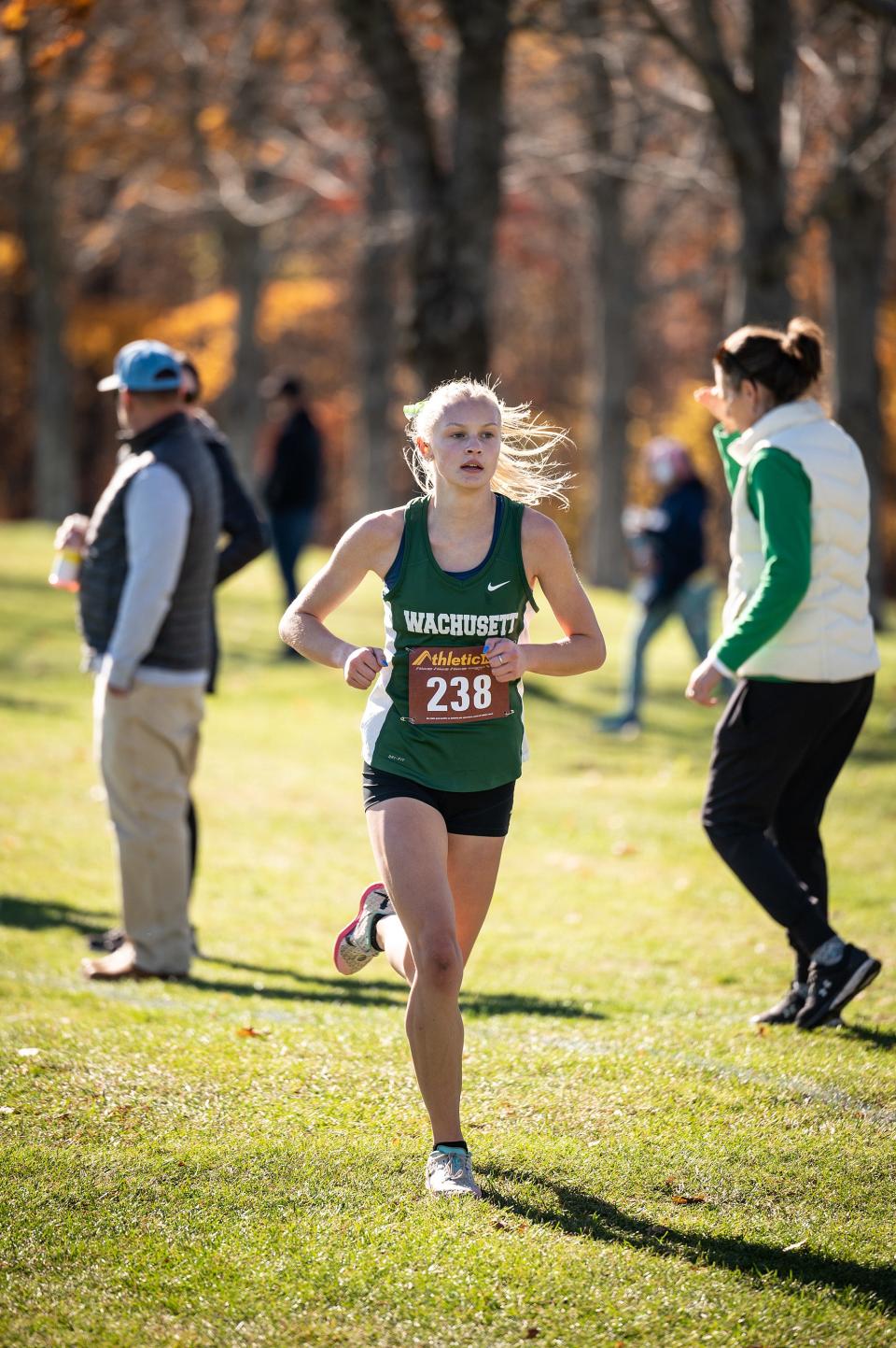 Wachusett's Ashlynn Witt takes an early lead in the Division 1 girls' race at the Central Mass. XC Championships at Gardner Municipal Golf Course.