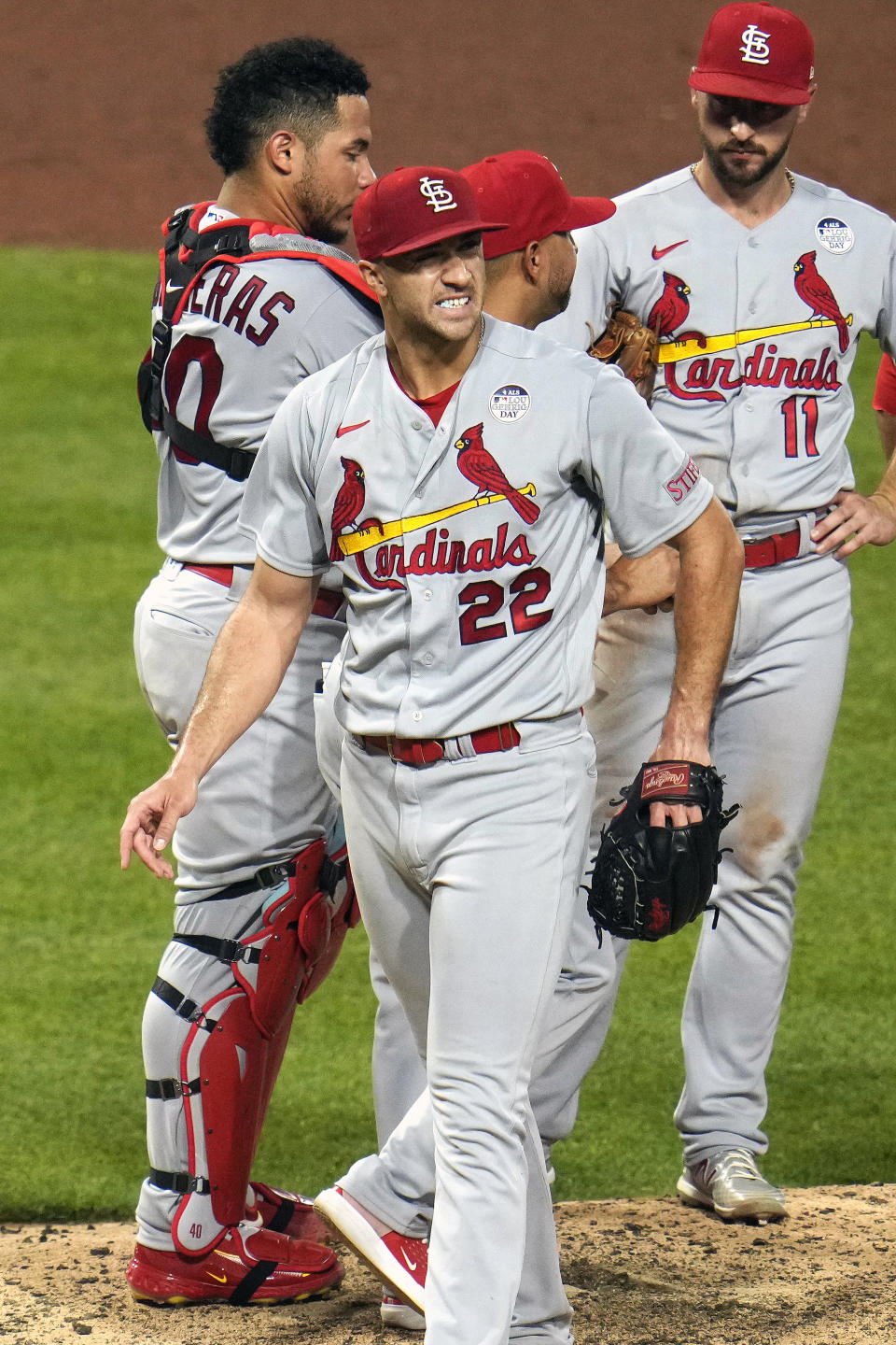 St. Louis Cardinals starting pitcher Jack Flaherty (22) walks off the mound after being pulled in the sixth inning of a baseball game against the Pittsburgh Pirates in Pittsburgh, Friday, June 2, 2023. (AP Photo/Gene J. Puskar)