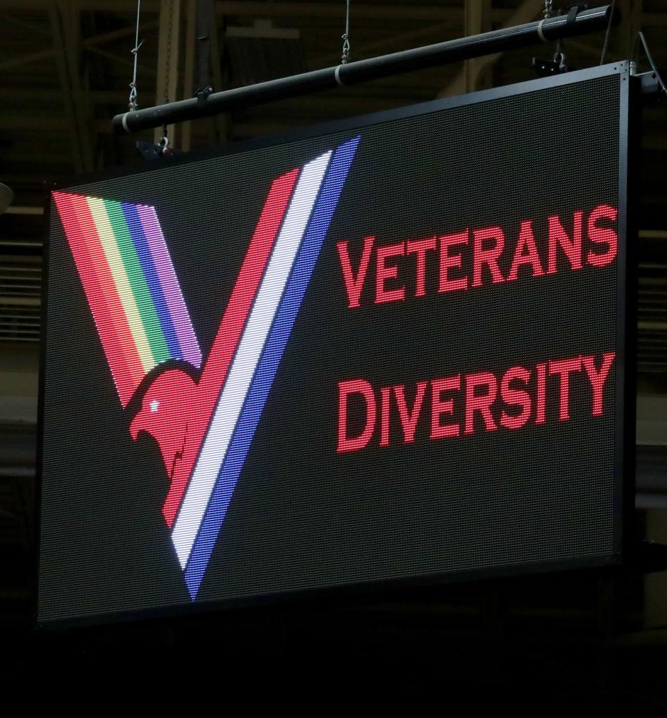 A Veterans Diversity logo is shown as part of a University of Wisconsin-Milwaukee Women's Basketball Pride Game at Klotche Center on the University of Wisconsin-Milwaukee campus in Milwaukee on Sunday, Jan. 19, 2020. The event was hosted by Veterans for Diversity and was opened by the Veterans for Diversity's Color Guard.