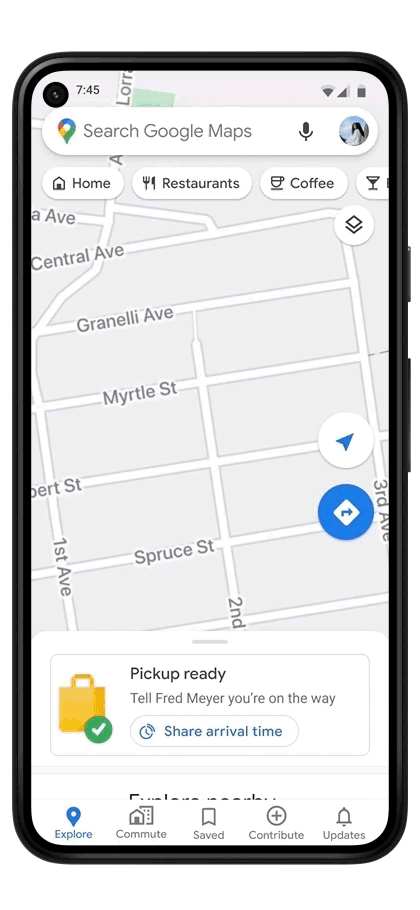 Google Maps Pickup animation. An animation showing the pickup integration with Fred Meyer, with options to share your ETA and check in when you arrive. 