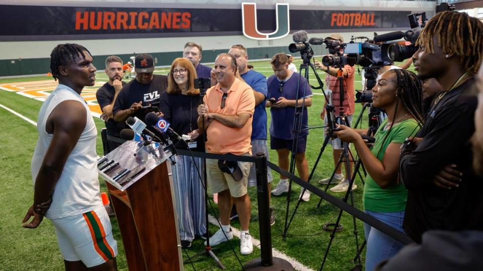 Miami Hurricanes quarterback Cam Ward speaks during a press conference at Carol Soffer Indoor Practice Facility in Coral Gables, Florida on Thursday, April 11, 2024.
