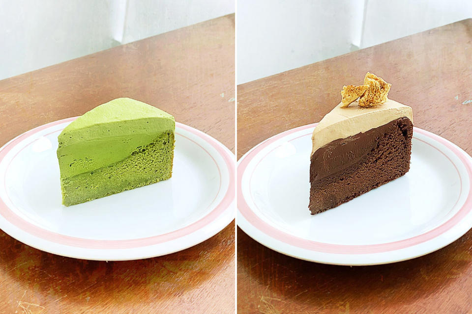 Triple layered treats: 'genmaicha' (left) and 'dalgona' coffee cake (right).