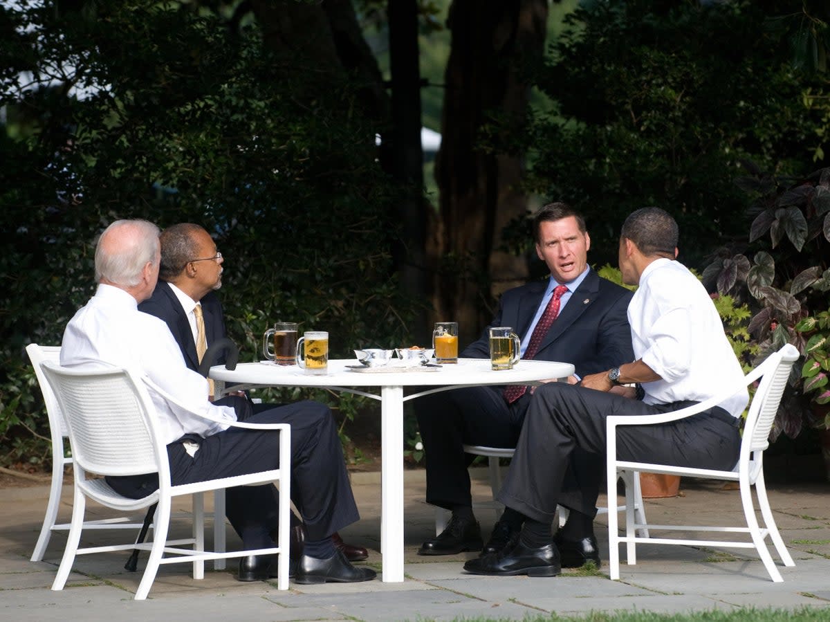 Joe Biden and Barack Obama enjoying a beer with Harvard professor Henry Louis Gates Jr and Massachusetts police sergeant James Crowley on the South Lawn of the White House in July 2009 (Saul Loeb/AFP/Getty)