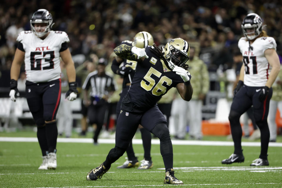 New Orleans Saints outside linebacker Demario Davis (56) celebrates a fourth down stop against the Atlanta Falcons during the first half of an NFL football game, Sunday, Nov. 7, 2021, in New Orleans. (AP Photo/Derick Hingle)