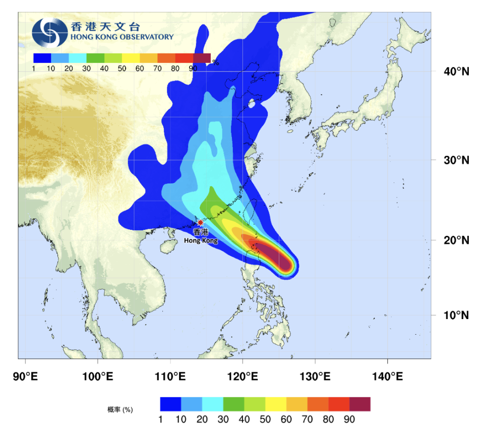 熱帶氣旋路徑概率預報，2023 年 7 月 25 日更新。現時系統預期杜蘇芮會移向廣東東部沿岸，以至福建南部沿岸。