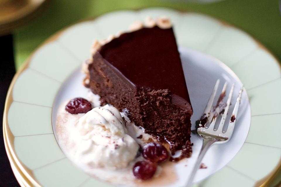 Flourless Chocolate Cake with Toasted Hazelnuts and Brandied Cherries