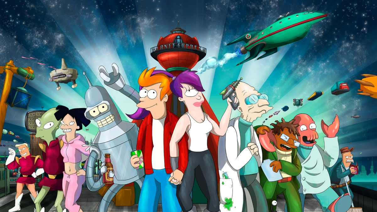  promotional poster for "futurama" showing the main characters in the foreground and a spaceship in the background. 