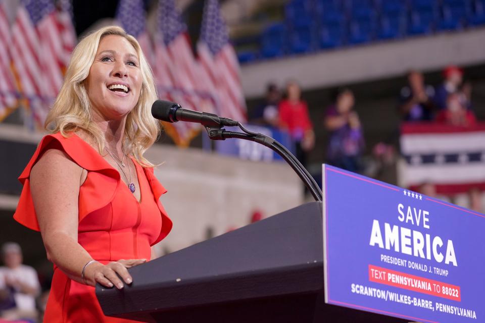 Rep. Marjorie Taylor Greene speaks ahead of former President Donald Trump at a rally in Wilkes-Barre, Pa., Saturday, Sept. 3, 2022.