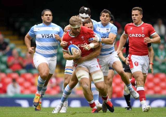 Wales’ Aaron Wainwright carries the ball during the Summer Series match against Argentina