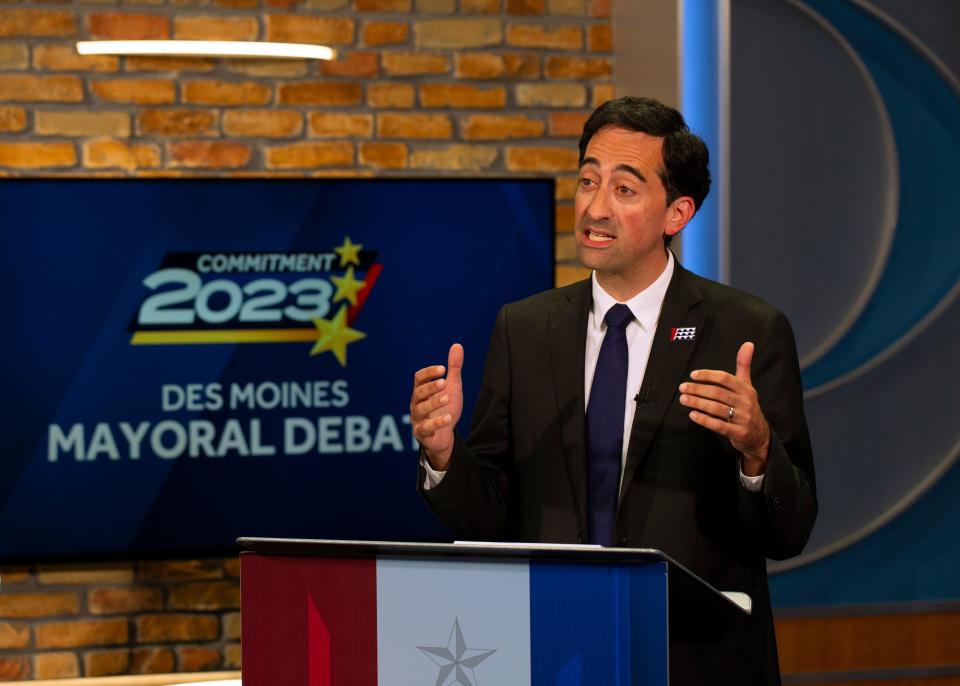 Des Moines mayoral candidate Josh Mandelbaum speaks during a KCCI 8 News televised debate broadcasted Sunday afternoon. Mandelbaum, 44, squared off against candidates Connie Boesen and Chris W. Von Arx. Candidate Denver Foote was not present for the debate.