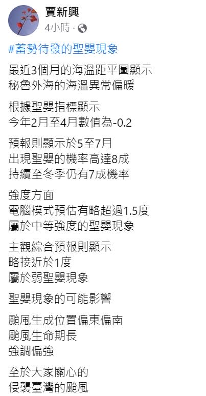 一般來說聖嬰現象颱風生成位置偏東偏南，颱風生命期長，強度偏強。   圖：取自賈新興臉書