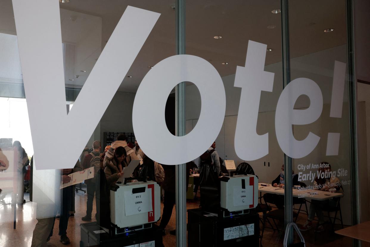 An early voting station set up on the campus of the University of Michigan for the US Presidential primary election is seen in Ann Arbor, Michigan on February 20, 2024. Michigan's primary that will be held on February 27.