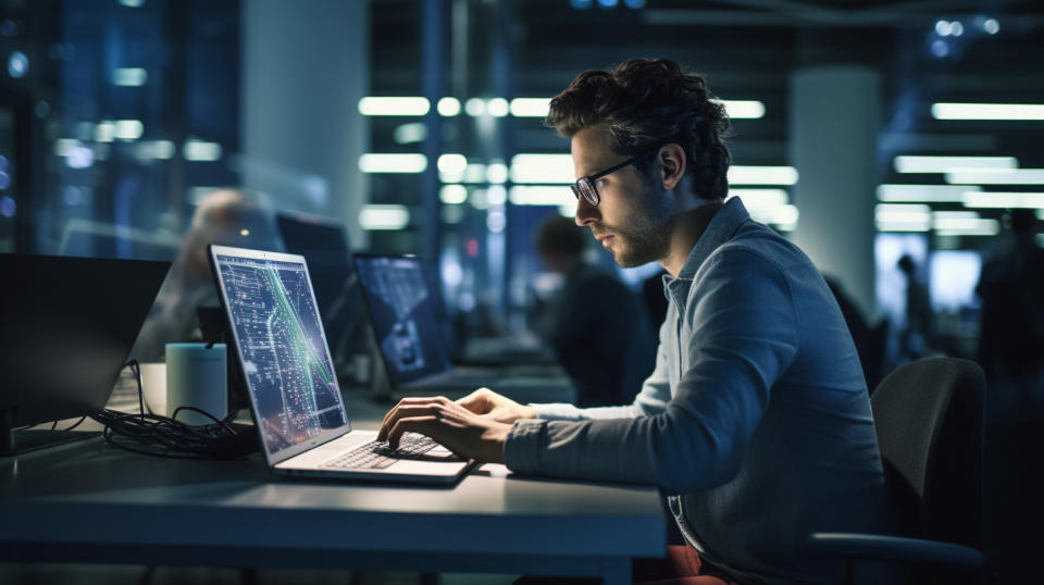 A software engineer writing code on a laptop in a modern open plan office space.