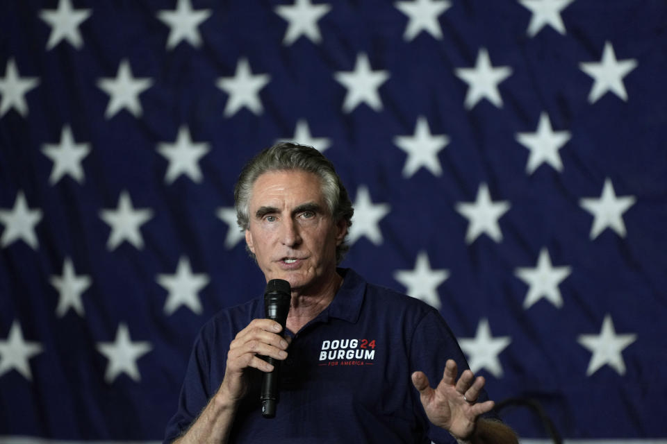 FILE - Republican presidential candidate North Dakota Gov. Doug Burgum speaks during a fundraising event for Rep. Ashley Hinson, R-Iowa, Aug. 6, 2023, in Cedar Rapids, Iowa. (AP Photo/Charlie Neibergall, File)