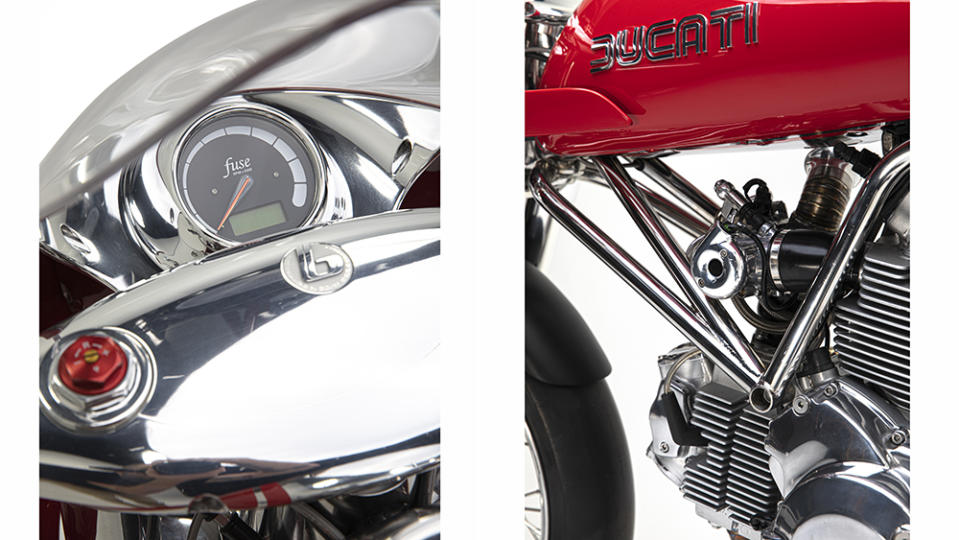 Shots of the motorcycle’s speedometer (left) and engine (right). - Credit: Revival Cycles